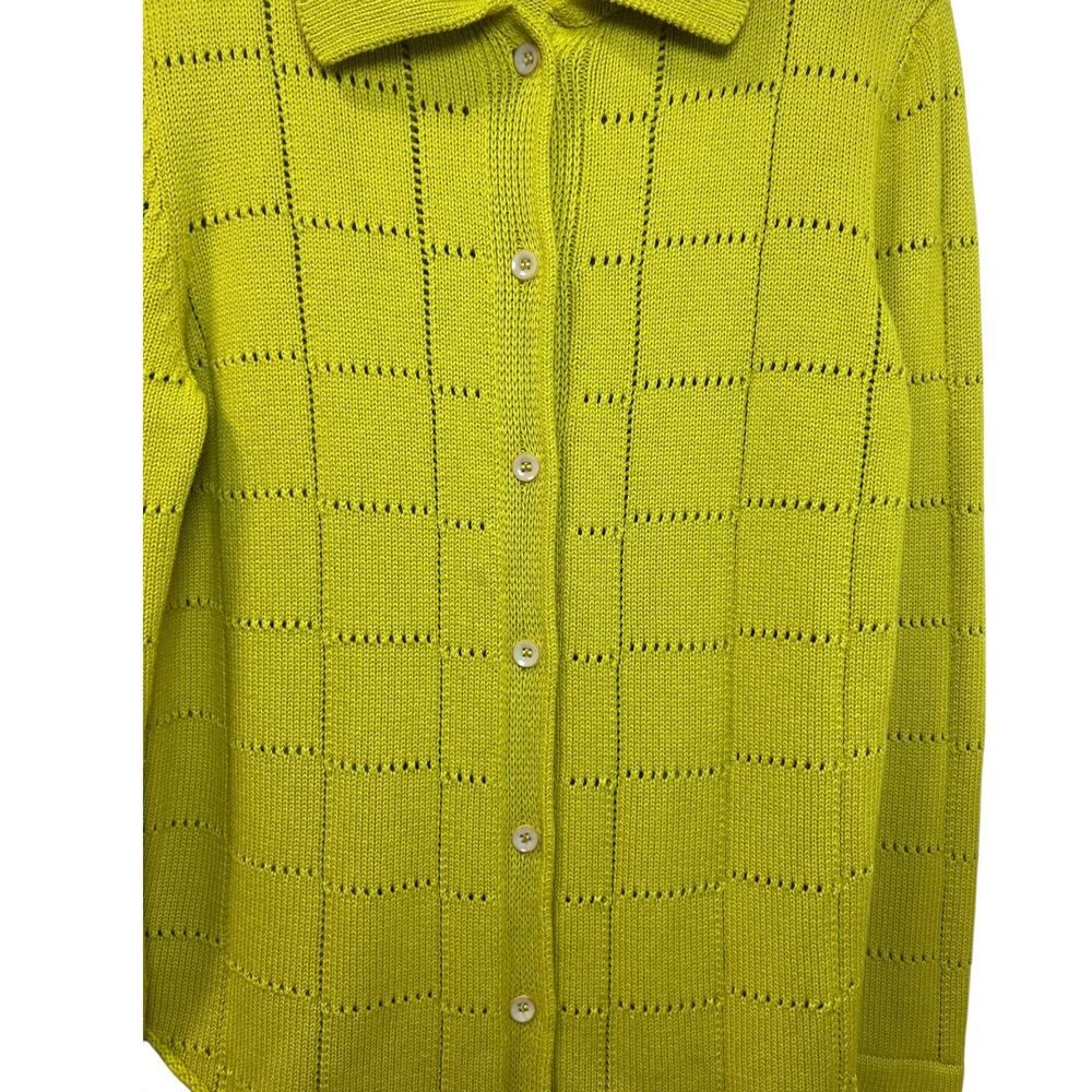 The Elder Statesman Grid Pointelle Cashmere Knit Shirt Chartreuse Yellow Medium - Picture 9 of 9